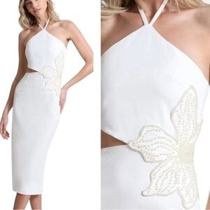Avec Les Filles Pearl Embellished Cut Out Halter Dress White 14